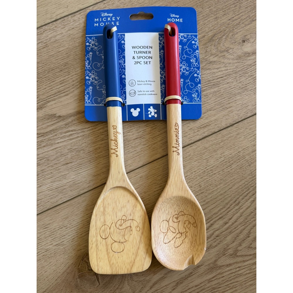 Disney Mickey & Minnie Mouse Wooden Turner & Spoon 2pc Set Blue Red Handles